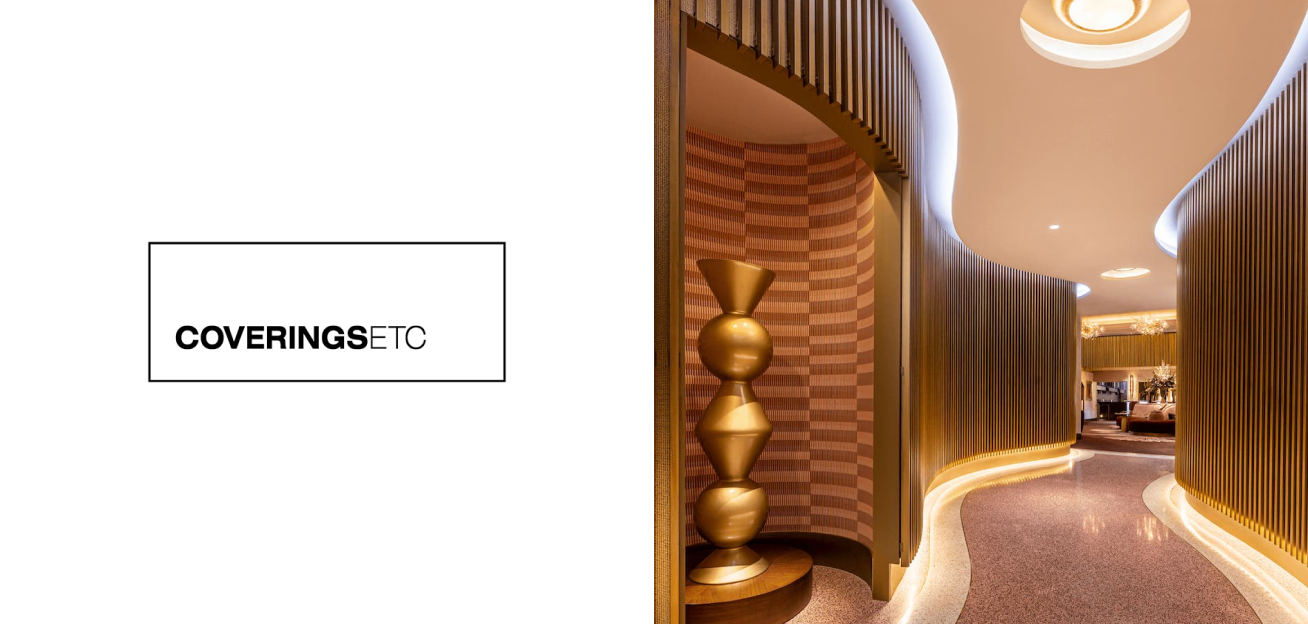 Wood fabricated wall coverings with a slatted appearance through a winding hallway